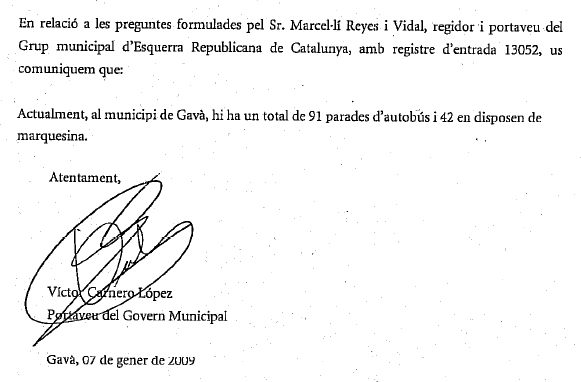 Resposta de l'Equip de Govern de l'Ajuntament de Gavà a la pregunta d'ERC sobre el percentatge de parades d'autobs de Gav que disposen de marquesina (7 de Gener de 2009)